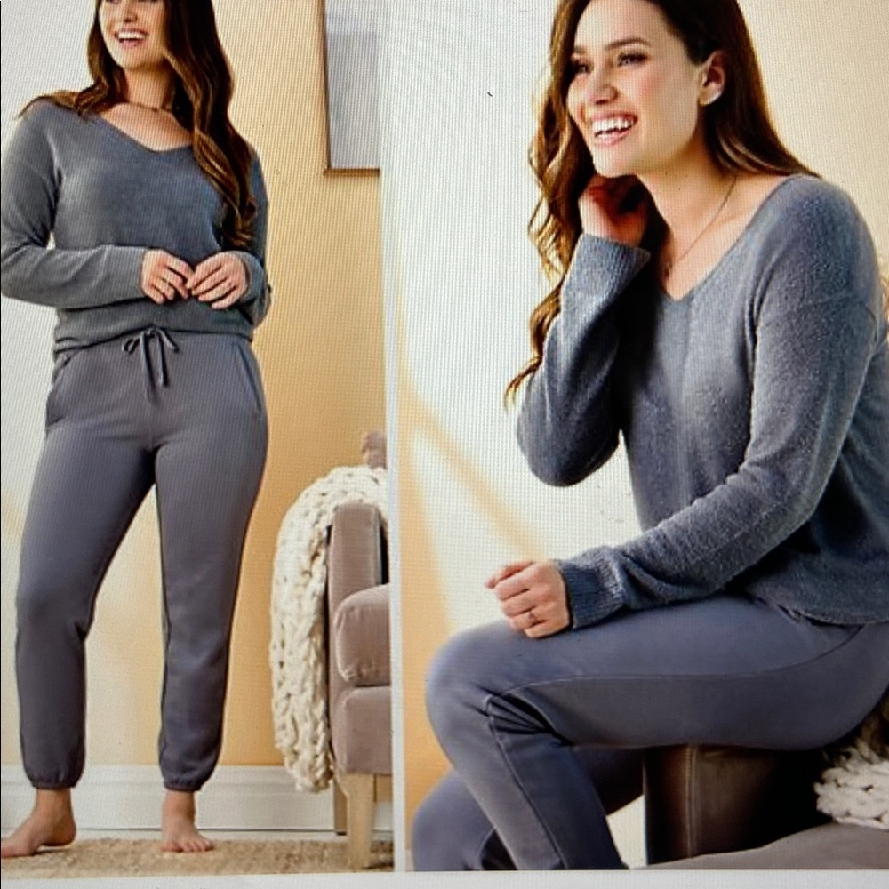 Barefoot Dreams 2 Piece Set CozyChic Lite V Neck Sweater Pant Jogger Dk Gray S - Picture 3 of 14